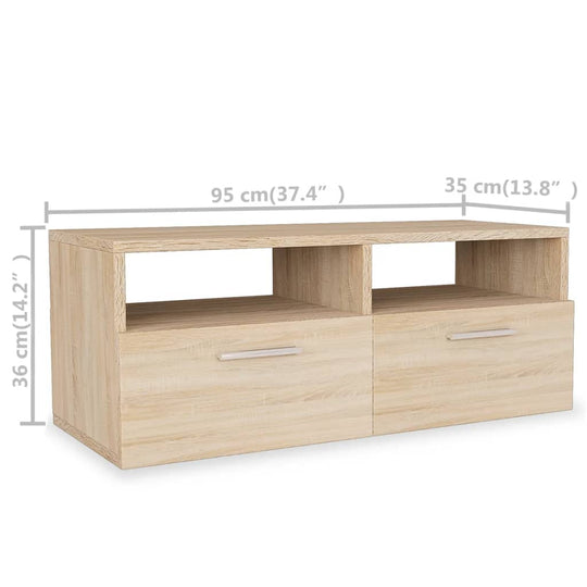 Modern engineered wood TV cabinet in oak with dimensions 95x35x36 cm, featuring open shelves and two cabinets for ample storage.