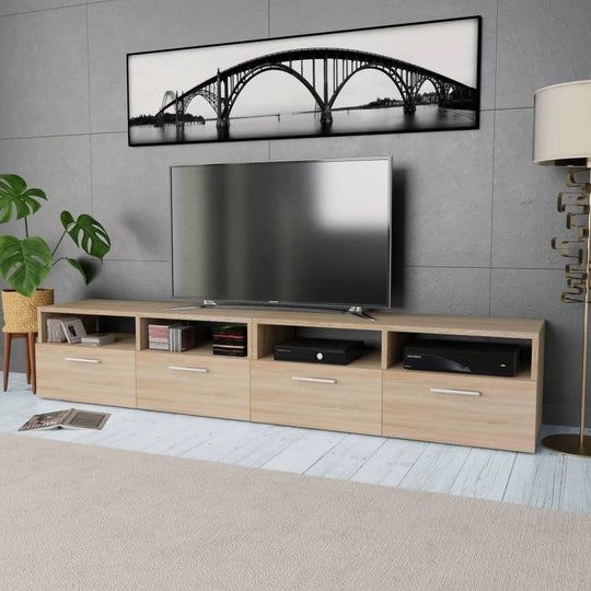 Modern engineered wood TV cabinet in oak with open shelves and storage for media devices, suitable for stylish home decor.