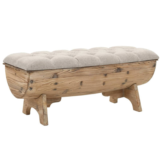 Rustic barrel-shaped storage bench with solid wood base and fabric upholstered seat, ideal for lounge or outdoor furniture.