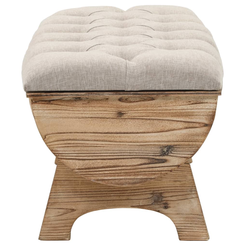 Barrel-shaped storage bench with tufted fabric seat and solid wood base, ideal for rustic outdoor furniture and decor.