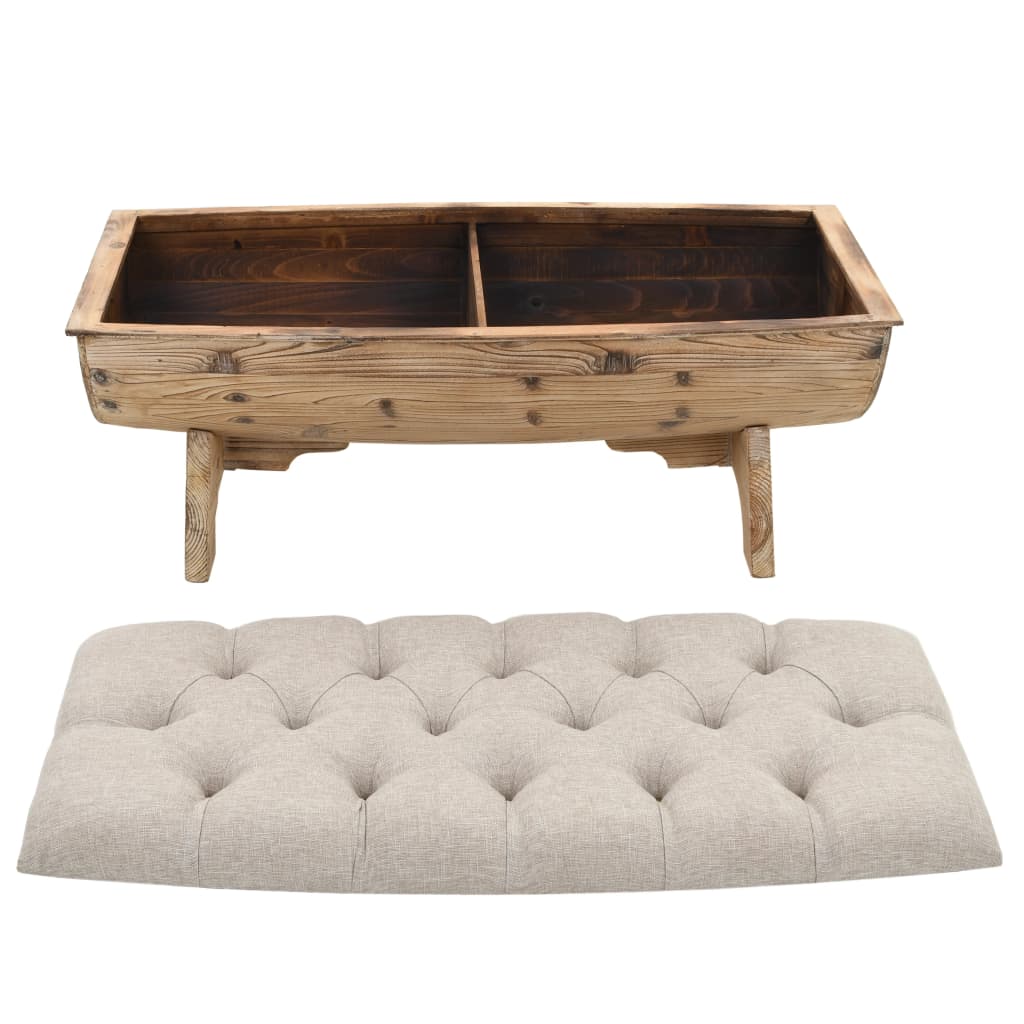 Storage bench with solid wood frame and padded fabric cushion, ideal for rustic decor and versatile storage solutions.