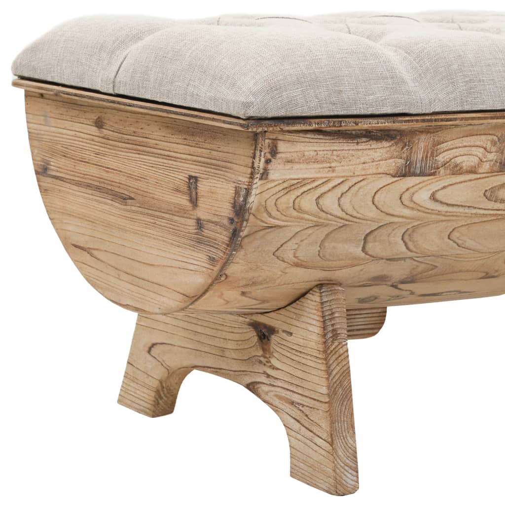 Solid wood storage bench with padded fabric seat, featuring rustic barrel design and durable legs, perfect for lounge or outdoor use.