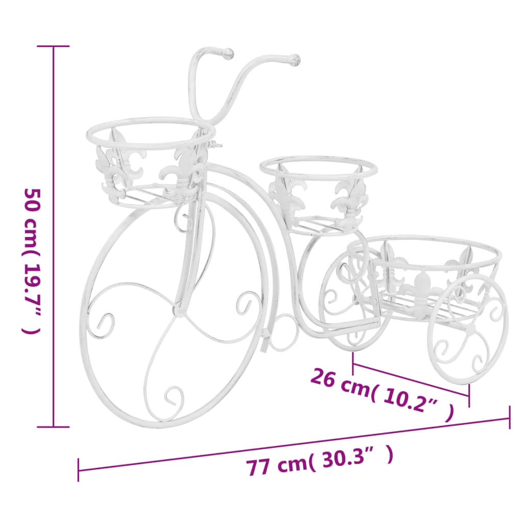 Vintage-style metal bicycle plant stand with three holders in antique white, ideal for outdoor garden or patio furniture setup.