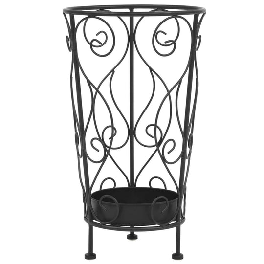 Vintage style black metal umbrella stand with elegant scrollwork and drip tray, perfect for home décor and outdoor furniture.