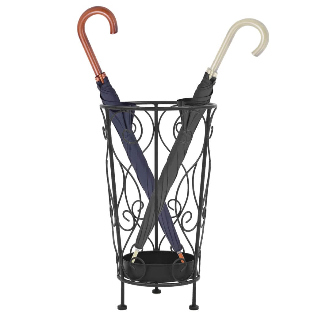 Vintage style black metal umbrella stand with two umbrellas, ideal for home decor and practical use.