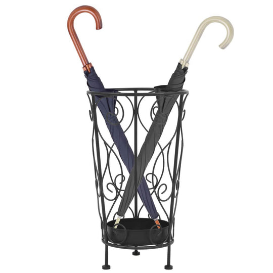 Vintage style black metal umbrella stand with two umbrellas, ideal for home decor and practical use.