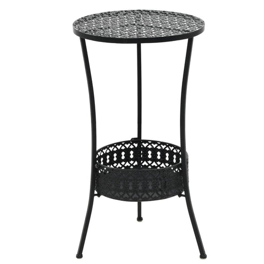 Black metal bistro table 40x70 cm with intricate design and storage basket, perfect for outdoor furniture and cozy dining.