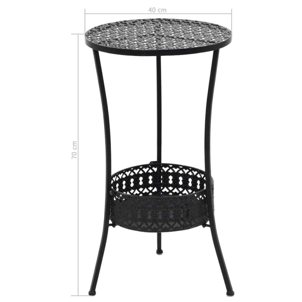 Black 40x70 cm metal bistro table with antique details and bottom basket for outdoor or indoor furniture.