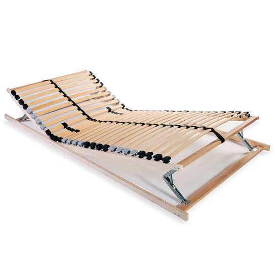 Slatted bed base with 28 birch slats and adjustable zones for optimal comfort and support, ideal for bedroom furniture.