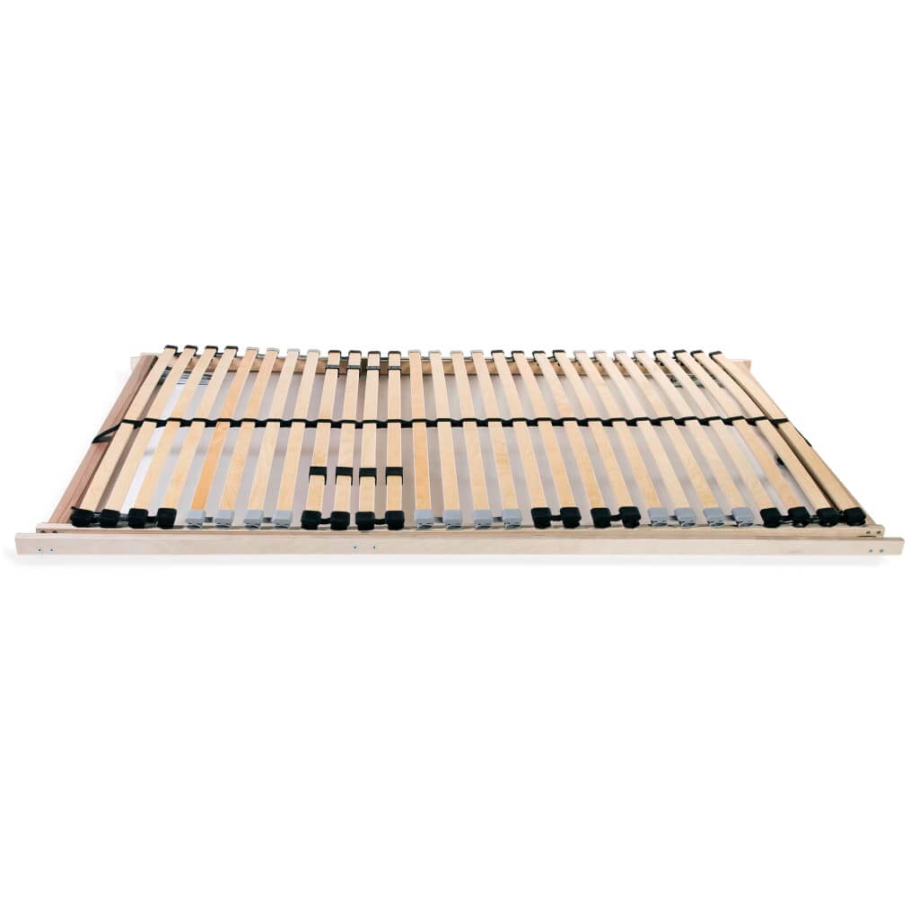 Slatted bed base with 28 slats and rubber caps, showcasing solid beechwood frame for optimal support and durability.