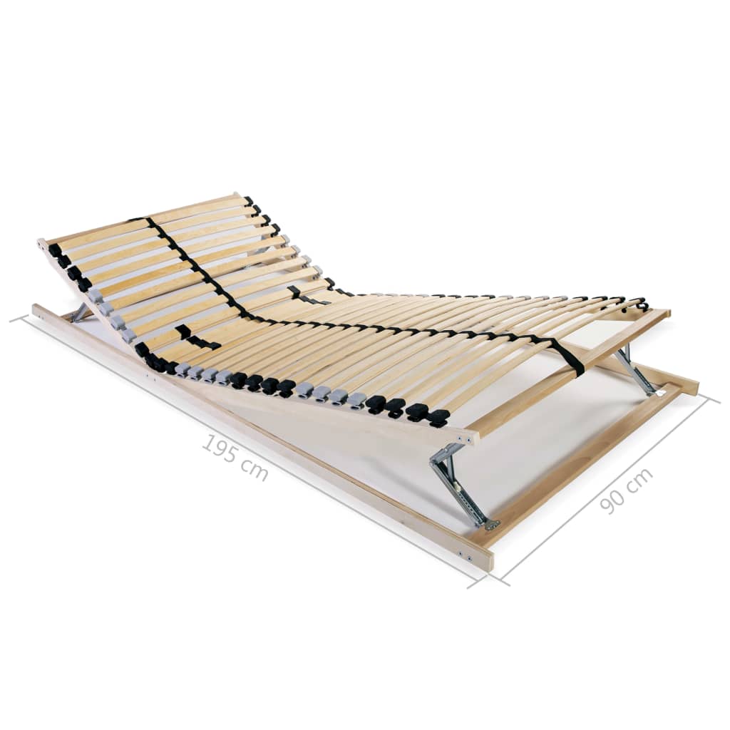 Slatted bed base without mattress, 28 slats, 7 comfort zones, dimensions 90x195 cm, durable beechwood frame.