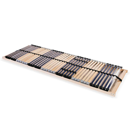 Slatted bed base with 42 birch slats and beechwood frame, showcasing 7 comfort zones, 90x200 cm size.