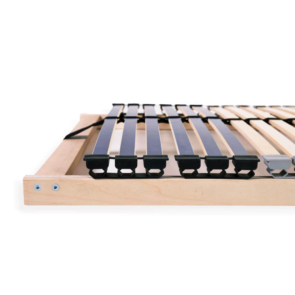 Slatted bed base detail showing 42 slats secured with adjustable rubber caps for optimal support and stability.