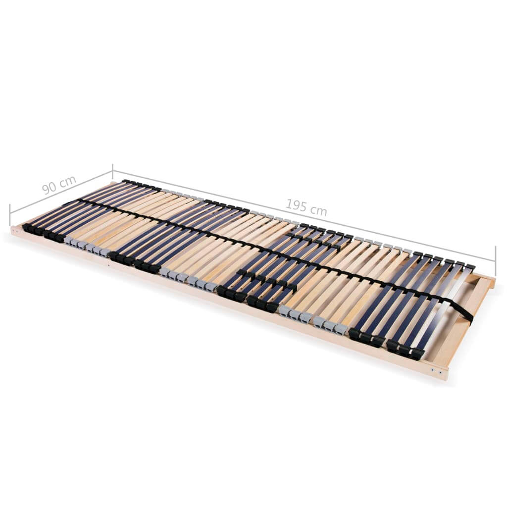 Slatted bed base dimensions showing 90x195 cm with durable beechwood frame and adjustable slats for optimal support.