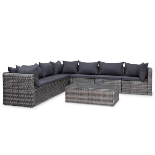 8 piece grey poly rattan garden lounge set with cushions and glass coffee table for outdoor relaxation.