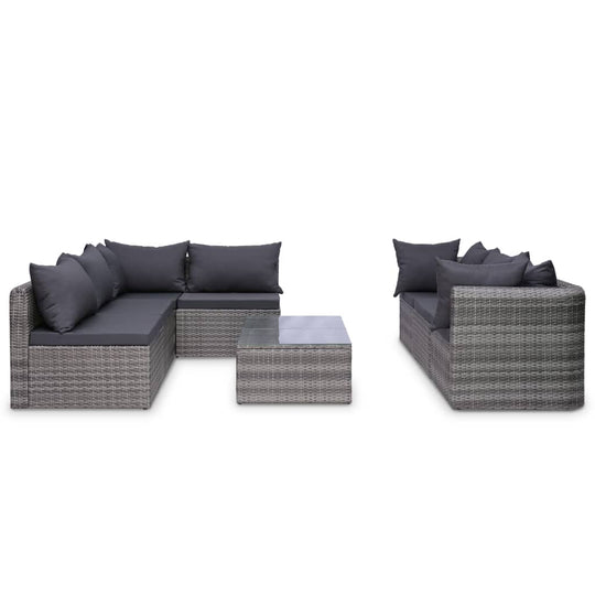 8 piece grey poly rattan garden lounge set with cushions and coffee table, perfect outdoor furniture for patios.