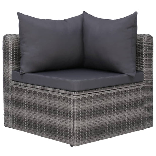 Corner sofa with grey poly rattan weave and dark cushions, ideal for outdoor lounge furniture in gardens and patios.