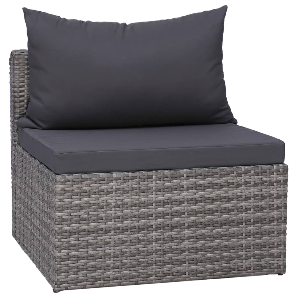 Grey poly rattan corner sofa chair with dark cushions for outdoor lounge furniture. Perfect for garden or patio.