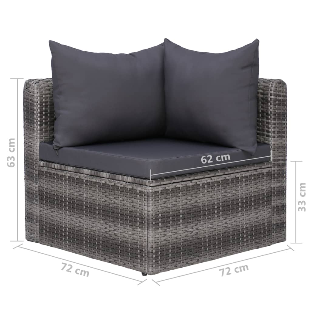 Grey poly rattan corner lounge chair with cushions, dimensions 62 cm x 72 cm, ideal for outdoor furniture setup.