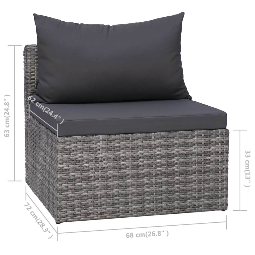 8 piece garden lounge set grey poly rattan corner sofa with cushions, showcasing modern outdoor furniture dimensions and design.