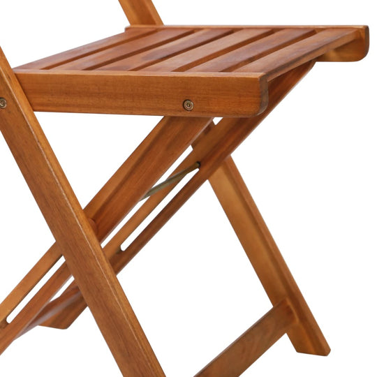 Close-up of a solid acacia wood outdoor bistro chair showing slatted seat, ideal for patio or garden furniture.