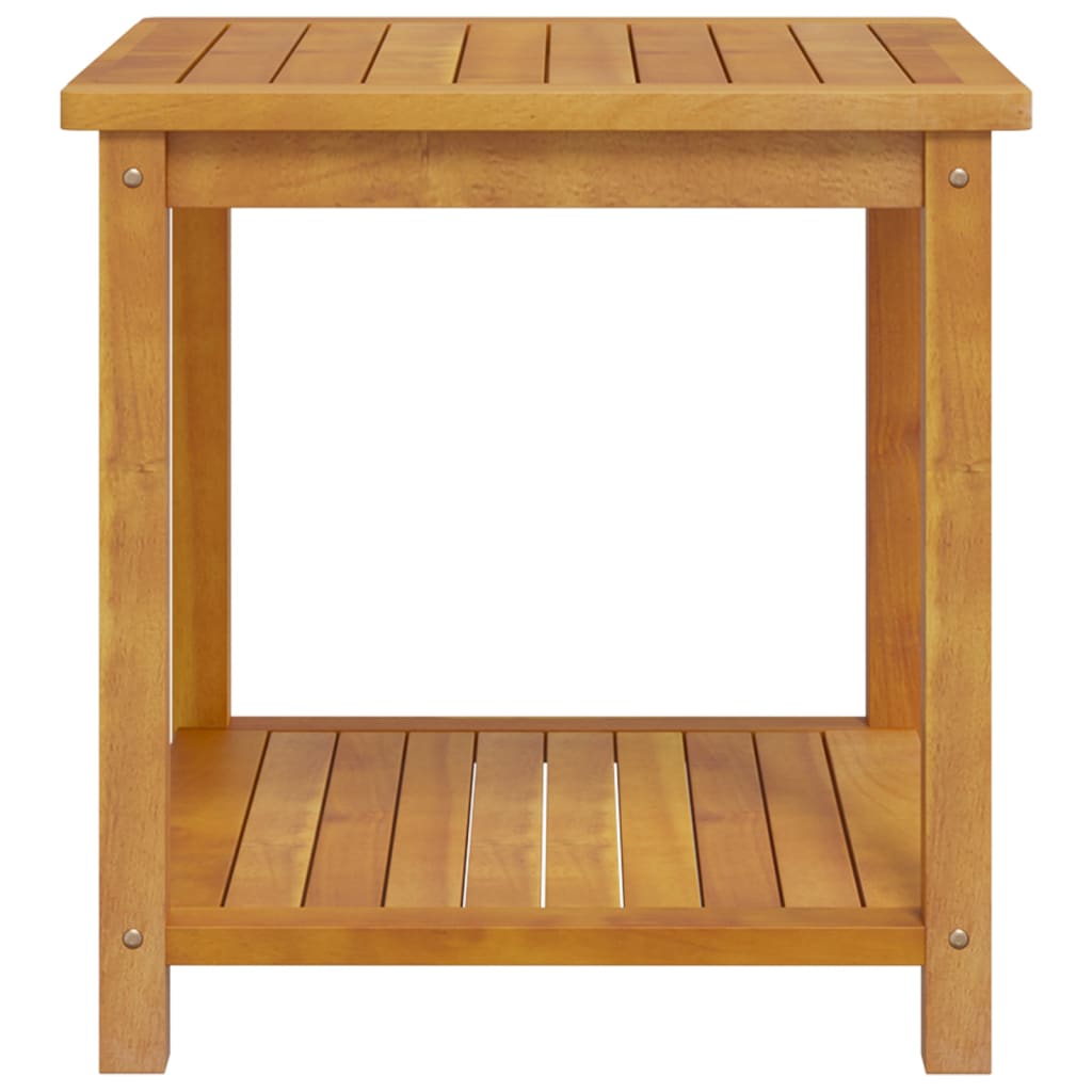 Solid acacia wood side table with slatted top and bottom shelf, ideal for indoor and outdoor use. Durable and weather-resistant design.