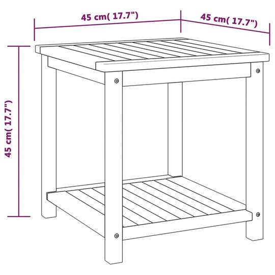 Solid acacia wood side table dimensions 45x45x45 cm, featuring a sturdy top and bottom shelf for versatile use.