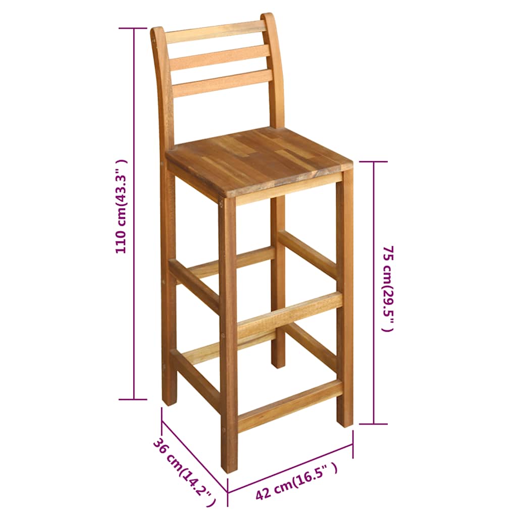 Bar Chairs 2 pcs Solid Acacia Wood, dimensions shown for height, width, and depth of chair.