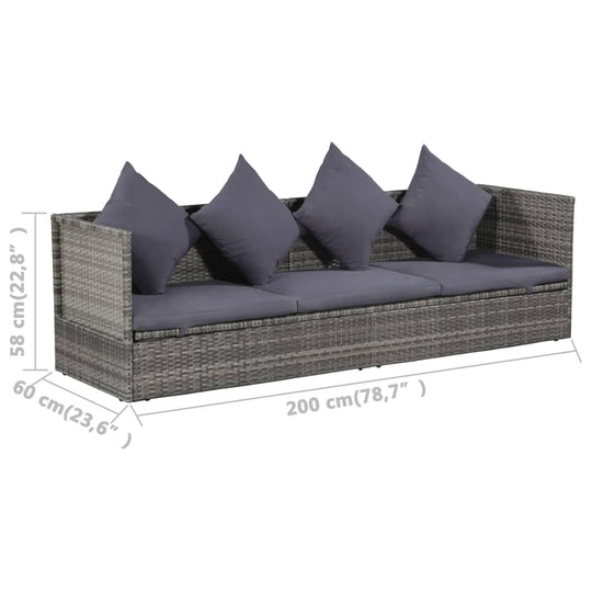 Grey poly rattan garden bed with adjustable cushions and pillows, dimensions 200x60 cm, perfect for patio or garden.