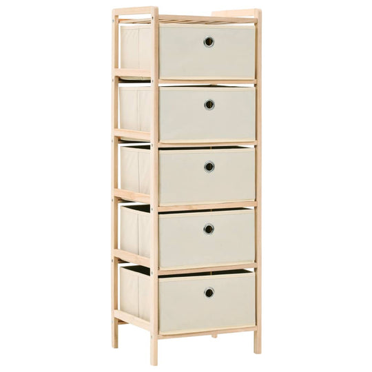 Storage rack with 5 fabric baskets in beige on cedar wood frame, suitable for home and outdoor furniture organization.