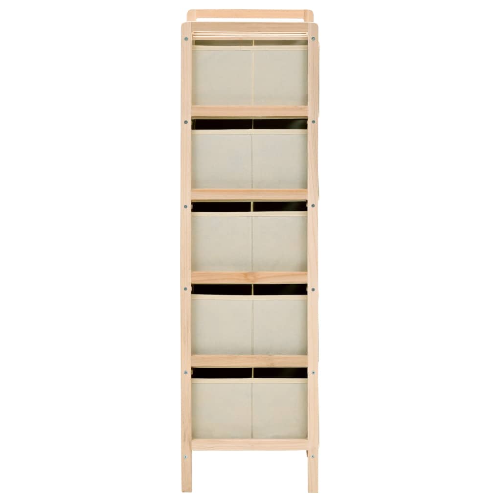 Storage rack with 5 fabric baskets, made of cedar wood, ideal for organizing home items, lightweight and elegant design.