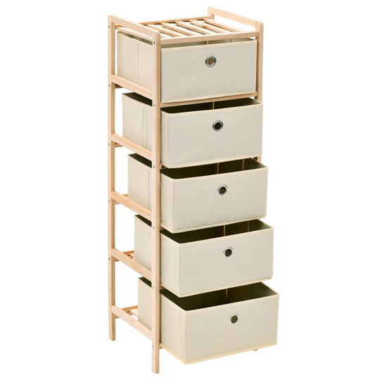 Storage rack with 5 beige fabric baskets and cedar wood frame, ideal for organizing furniture and outdoor space.