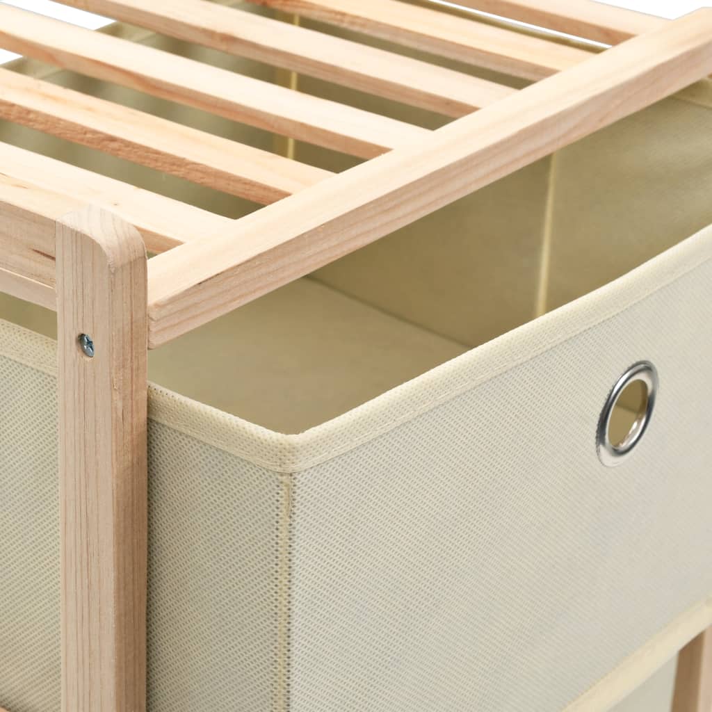 Close-up of cedar wood storage rack with beige fabric basket, perfect for organizing home and outdoor furniture.