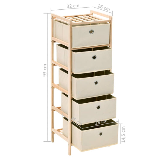 Storage rack with 5 fabric baskets, cedar wood, beige color, dimensions 93cm height, 32cm width, for home organization.