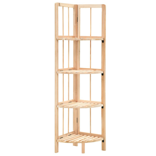 Wooden corner shelf made of cedar, space-saving solution for books and decor, ideal for small rooms and outdoor furniture.