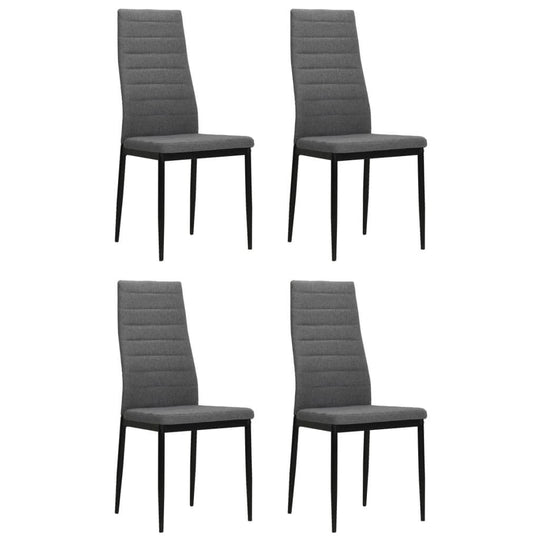 Set of 4 light grey fabric dining chairs with sturdy steel frames, ideal for home and outdoor spaces.