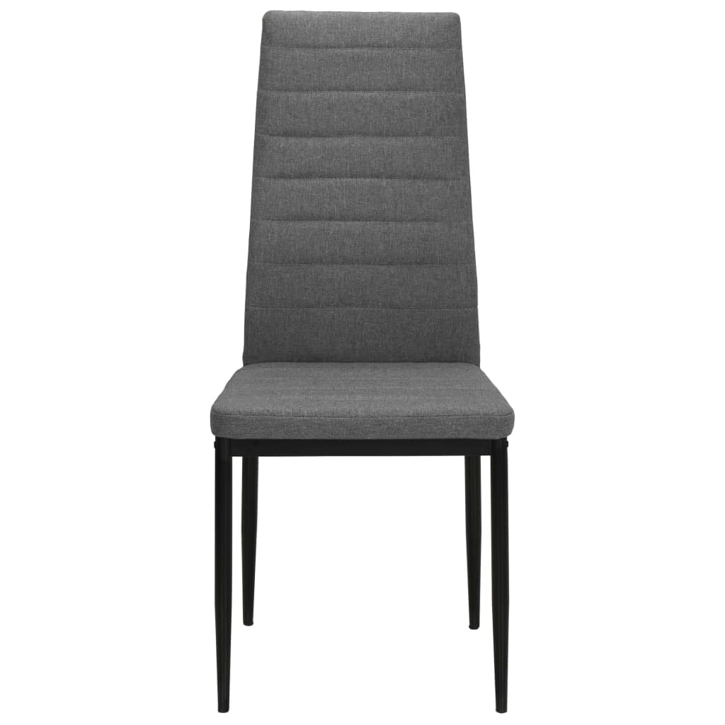 Light grey fabric dining chair with a tall back and sturdy black legs, ideal for patio and home furniture settings.