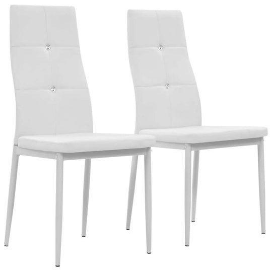 Set of 2 white faux leather dining chairs with elegant design and crystal accents, perfect for modern outdoor and indoor spaces.