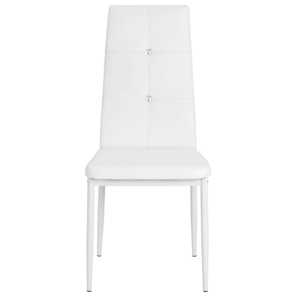 Elegant white faux leather dining chair with crystal accents and sleek metal legs, perfect for outdoor and home furniture.