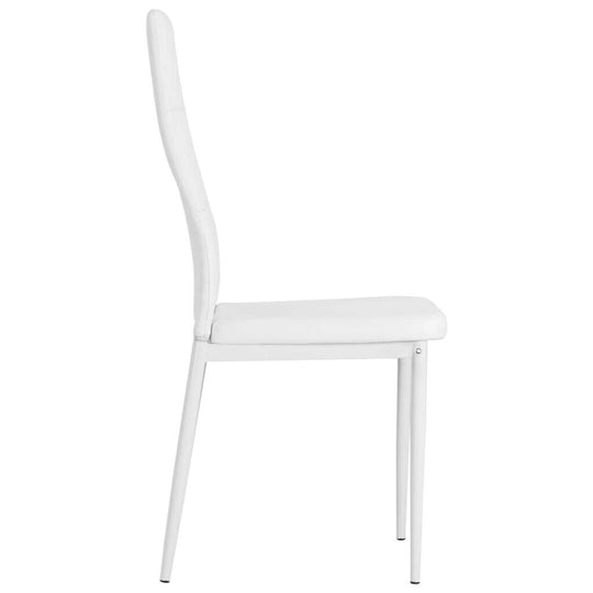 Side view of a white faux leather dining chair with a wooden frame and steel legs, ideal for modern outdoor furniture.