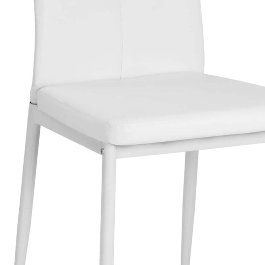 White faux leather dining chair with padded seat and sleek design, perfect for outdoor and home furniture settings.