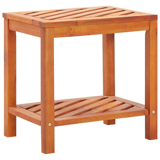 Solid acacia wood side table with diagonal slat design and bottom shelf, ideal for outdoor furniture and decor.