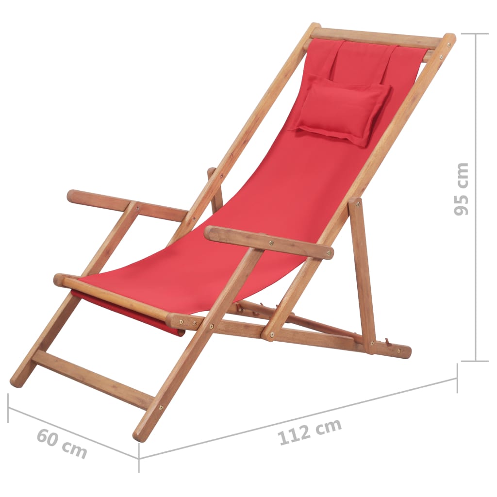 Folding beach chair with red fabric and wooden frame, adjustable reclining settings for comfort.