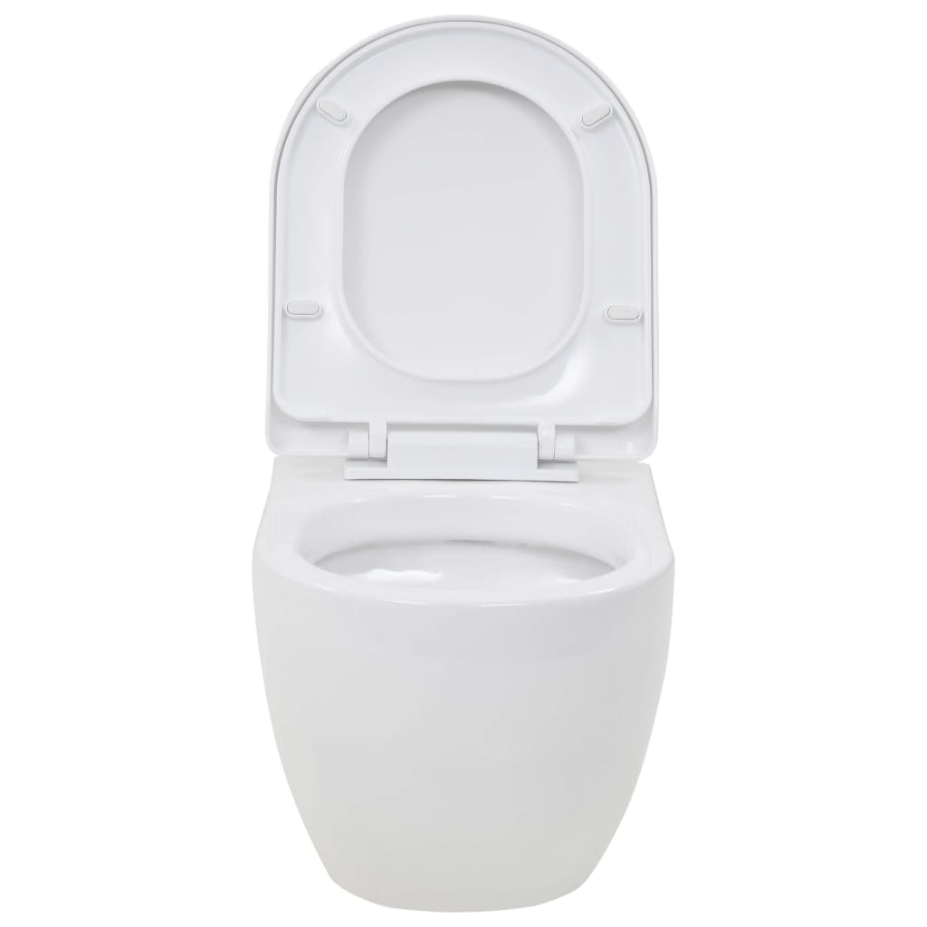 Wall-hung ceramic toilet in white with soft-close lid, ideal for modern bathroom design and easy maintenance.