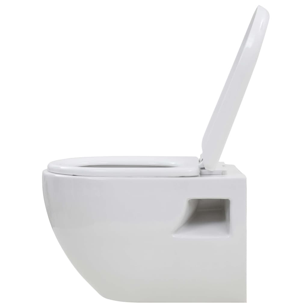 Wall-hung ceramic toilet in white with soft-close lid, showcasing a sleek design for modern bathrooms.