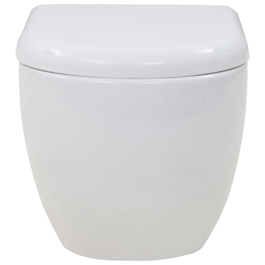 Wall-hung ceramic toilet in sleek white design with soft-close lid, ideal for modern bathroom decor.