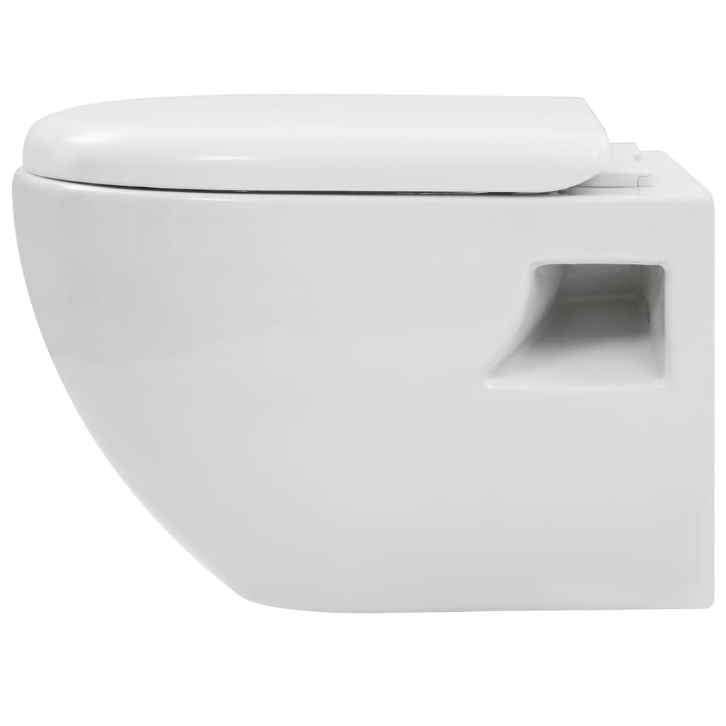 Wall-hung ceramic toilet in white with soft-close lid and modern design, perfect for any bathroom decor.