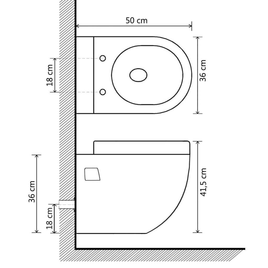 Diagram showing dimensions of a wall-hung ceramic toilet in white, with measurements labeled in centimeters.