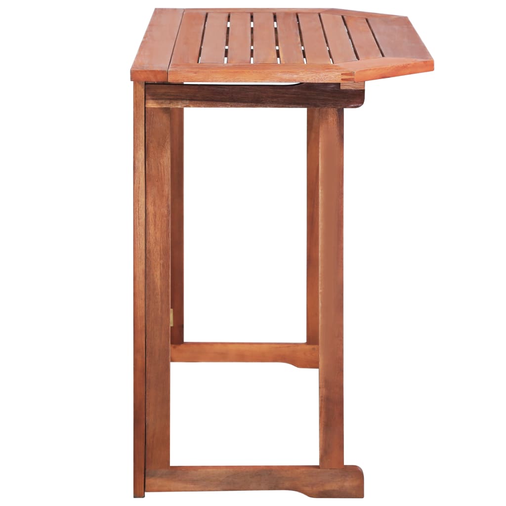 Side view of a foldable bistro table made of solid acacia wood with a slatted top, ideal for outdoor use.