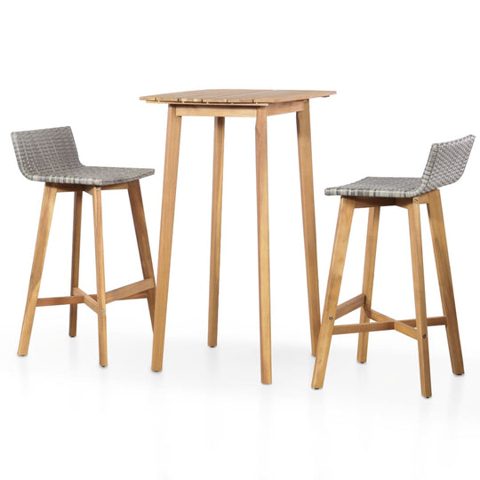 3-Piece Bar Set – Solid Acacia Wood Table & Stools with sturdy wooden frame and stylish rattan seats.